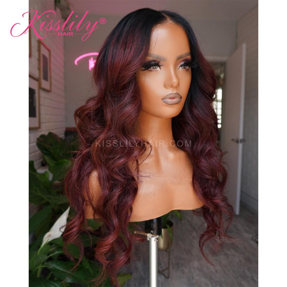 Kisslily Hair 13x4 Burgundy Lace Front Wig Human Hair Colored Body Wave Wig Pre Plucked [CHC74]-Hair Accessories-Kisslilyhair