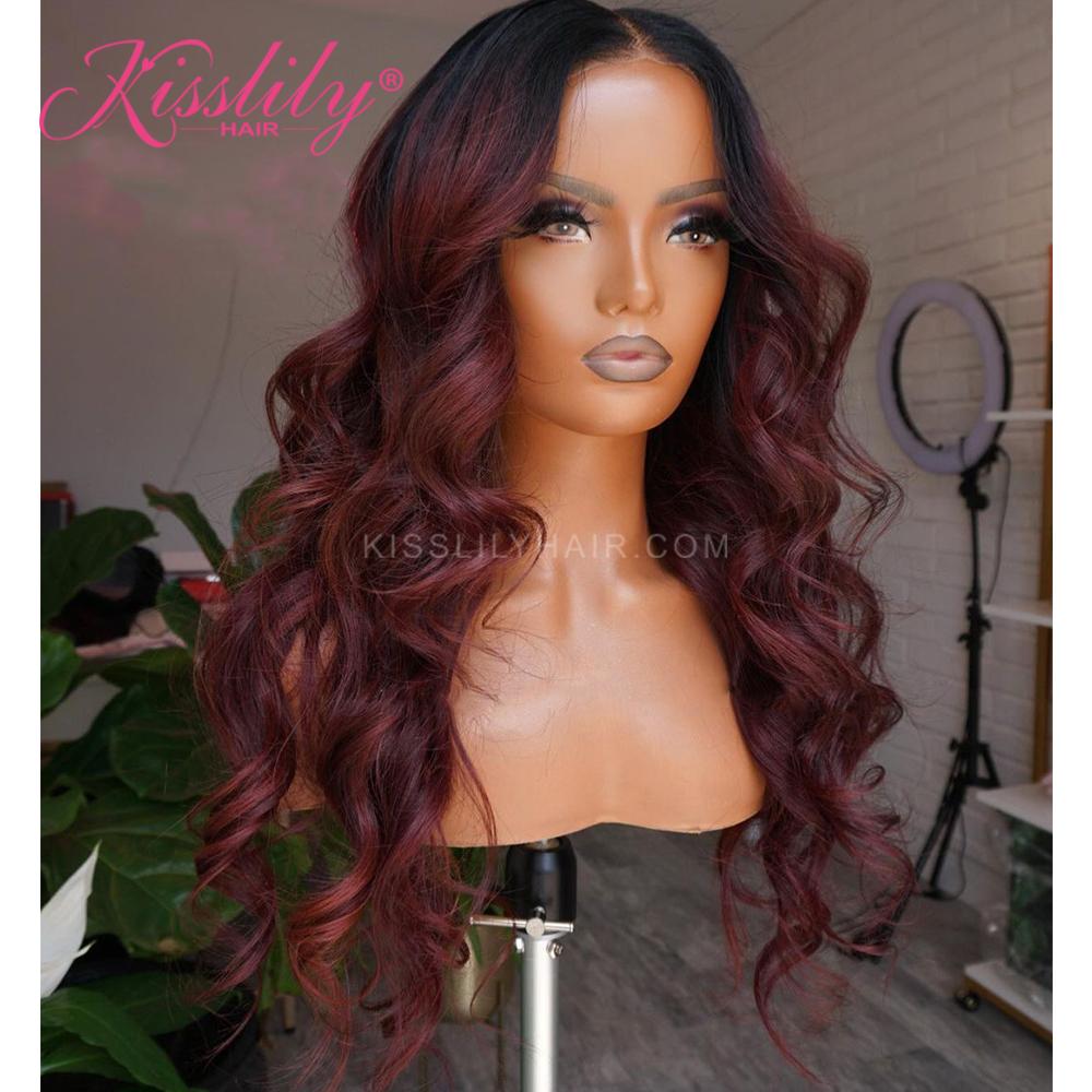 Kisslily Hair 13x4 Burgundy Lace Front Wig Human Hair Colored Body Wave Wig Pre Plucked [CHC74]-Hair Accessories-Kisslilyhair