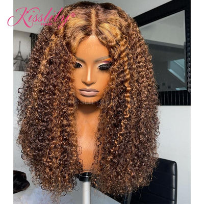 Kisslily Hair 13x4 Highlight Curly Human Hair Wigs Pre Plucked Bleached Knots Free Lace Frontal Wig [CDC27]-All Glueless Lace Wigs-Kisslilyhair