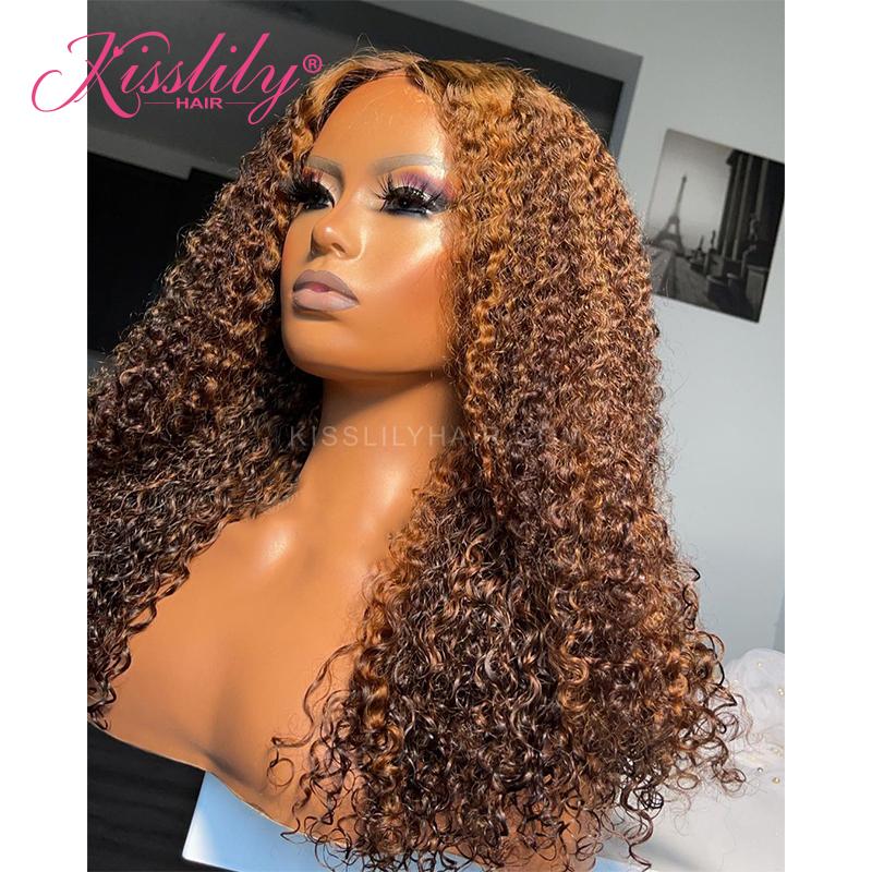 Kisslily Hair 13x4 Highlight Curly Human Hair Wigs Pre Plucked Bleached Knots Free Lace Frontal Wig [CDC27]-All Glueless Lace Wigs-Kisslilyhair