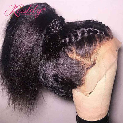 Kisslily Hair 13x4 Lace Frontal Wigs Yaki Straight Wig Free Part Human Hair Natural Black Hair Color 250 Density [NAW06]-Hair Accessories-Kisslilyhair