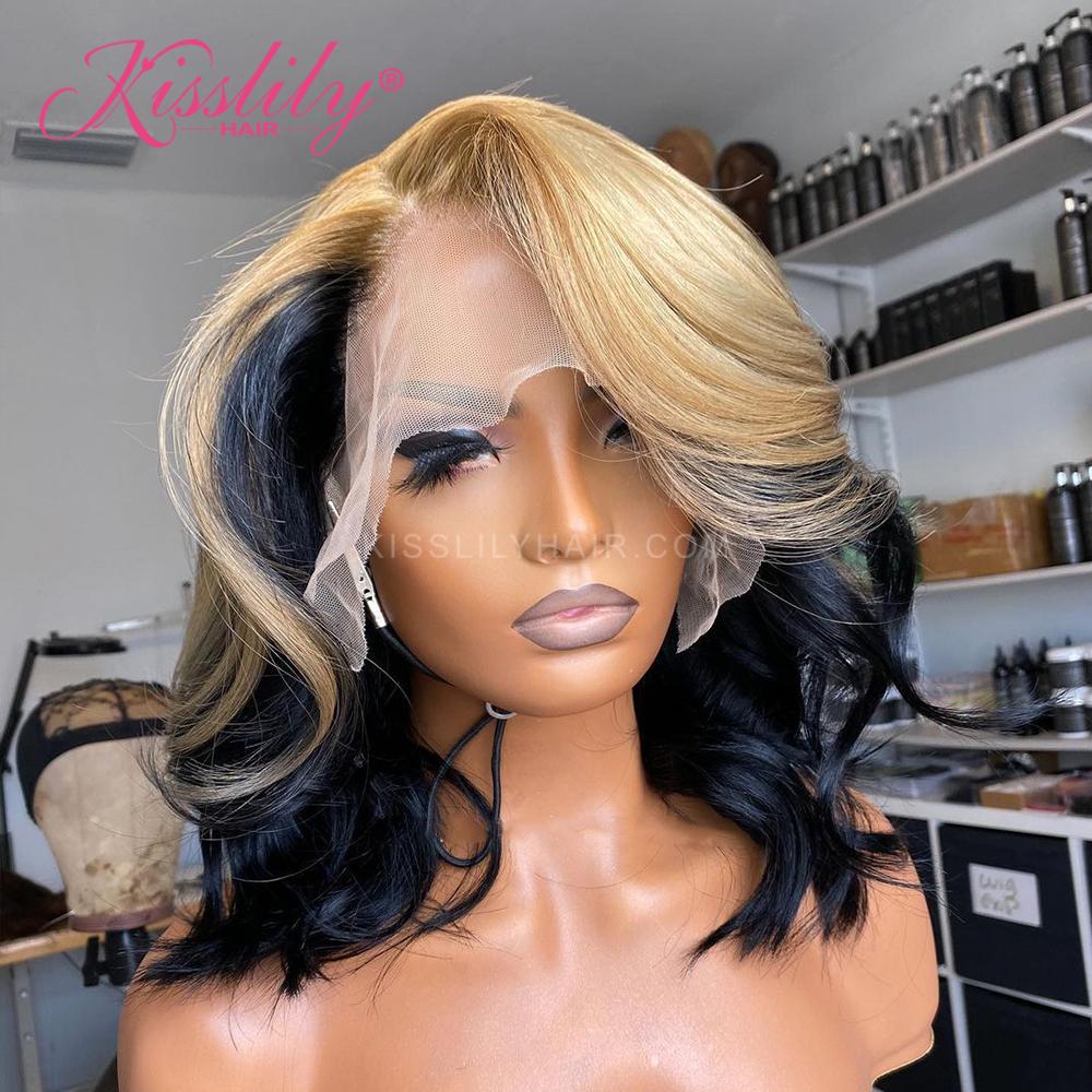Kisslily Hair 13x4 honey Blonde Bob Short Wavy Wig 150% Density Lace Front Human Hair Wig [CDC51]-Hair Accessories-Kisslilyhair
