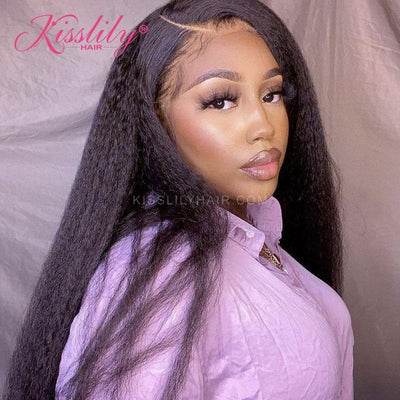 Kisslily Hair 13x6 HD Lace Frontal Wigs Yaki Straight Wig Human Hair Transparent Lace 200% Density Glueless [NAW12]