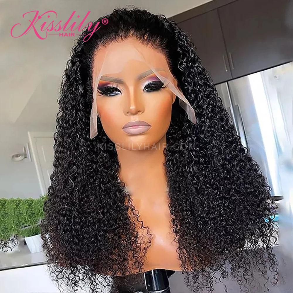 Kisslily Hair 13x6 HD Transparent Lace Front Wig Deep Curly Hair Wigs Natural Black Human Hair PrePlucked With Baby Hair [NAW09]-Hair Accessories-Kisslilyhair