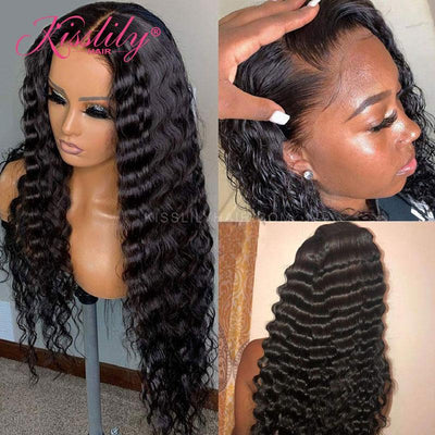 Kisslily Hair 13x6 HD Transparent Swiss Lace Frontal Wigs Deep Wave Hair Wigs Human Hair Natural Black Pre Plucked And Bleached Knots [NAW11]-Hair Accessories-Kisslilyhair