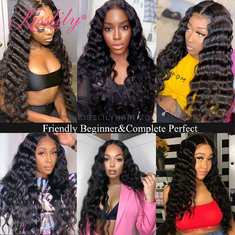 Kisslily Hair 13x6 HD Transparent Swiss Lace Frontal Wigs Deep Wave Hair Wigs Human Hair Natural Black Pre Plucked And Bleached Knots [NAW11]-Hair Accessories-Kisslilyhair