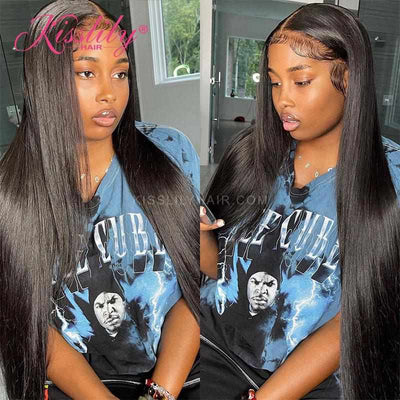 Kisslily Hair 13x6 HD Transparent Swiss Lace Wigs Straight Human Hair Wigs Natural Black Glueless Hair [NAW16]-Hair Accessories-Kisslilyhair