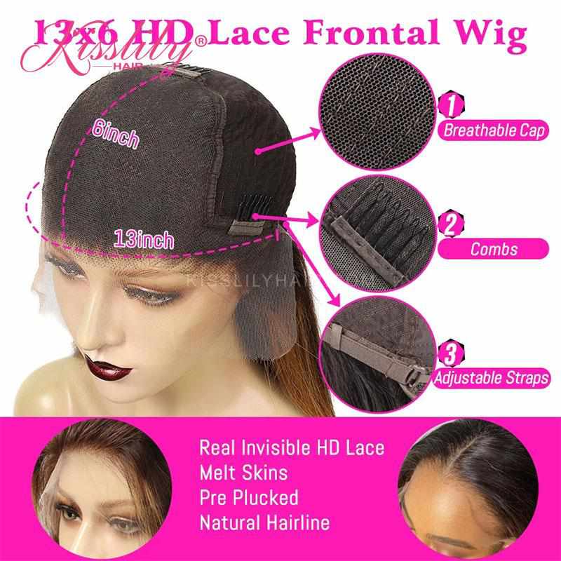 Kisslily Hair 13x6 HD Transparent Swiss Lace Wigs Straight Human Hair Wigs Natural Black Glueless Hair [NAW16]-Hair Accessories-Kisslilyhair