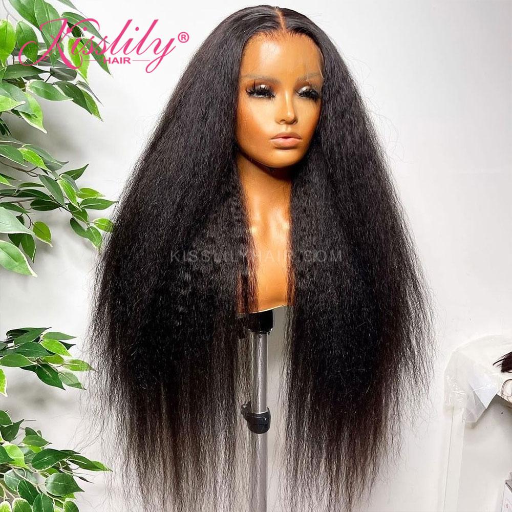 Kisslily Hair 13x6 Lace Frontal Wigs Yaki Straight Wig Free Part Human Hair Natural Black Hair Color 250 Density [NAW22]-Hair Accessories-Kisslilyhair