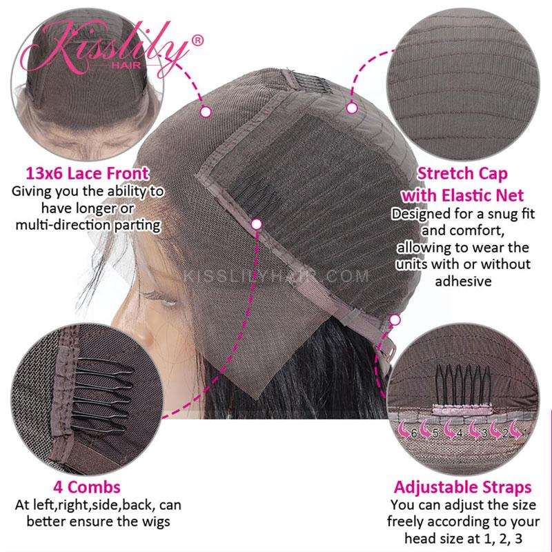 Kisslily Hair 13x6 Lace Frontal Wigs Yaki Straight Wig Free Part Human Hair Natural Black Hair Color 250 Density [NAW22]-Hair Accessories-Kisslilyhair