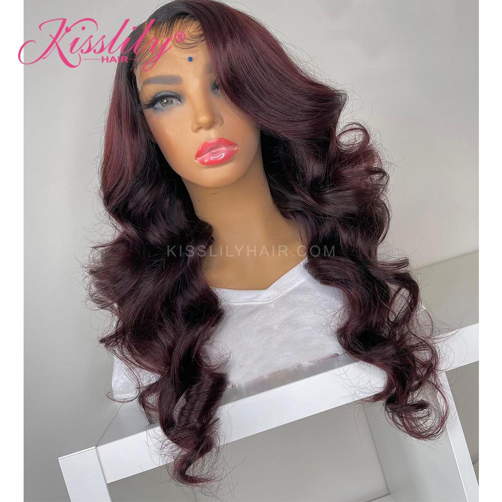 Kisslily Hair 1b 99j Burgundy Lace Front Wig Ombre 13x4 Colored Human Hair Wigs For Black Women [CHC07]-Hair Accessories-Kisslilyhair