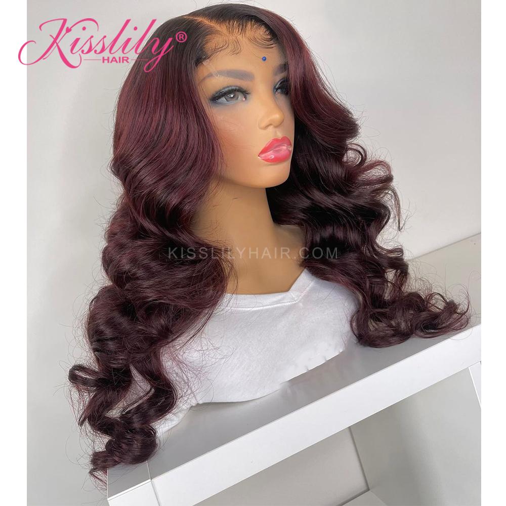 Kisslily Hair 1b 99j Burgundy Lace Front Wig Ombre 13x4 Colored Human Hair Wigs For Black Women [CHC07]-Hair Accessories-Kisslilyhair
