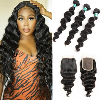 Kisslily Hair 4x4 Closure Loose Wave With 3 Bundles [CW08]-Hair Accessories-Kisslilyhair