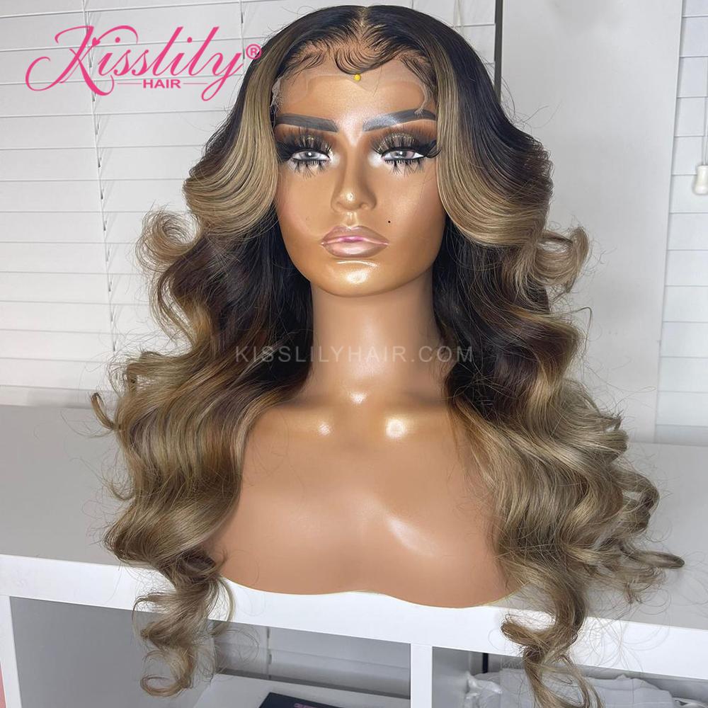 Kisslily Hair Ash Blonde Lace Front Wig Ombre Body Wave 13x4 Colored Human Hair Wigs For Women [CDC47]-Hair Accessories-Kisslilyhair