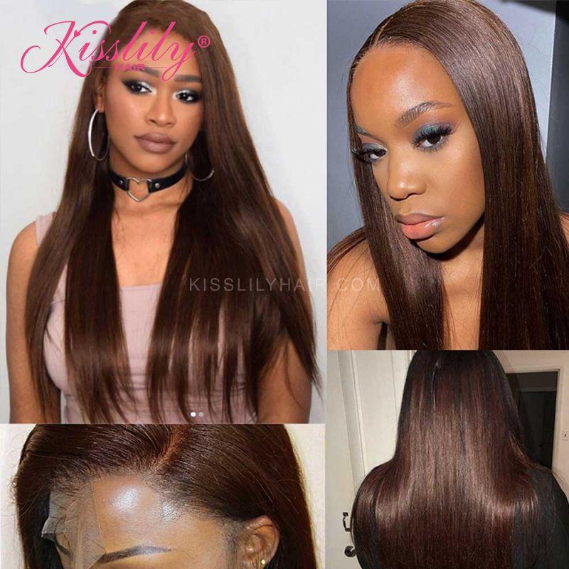 Kisslily Hair Brown Straight 13x4 Lace Frontal Human Hair Pre Pluck With Baby Hair [CHC61]-Hair Accessories-Kisslilyhair