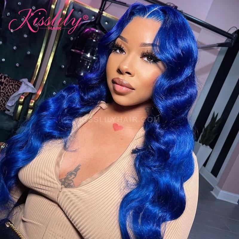 Kisslily Hair Colord Body Wave 13x4 Lace Frontal Blue Human Hair Pre Plucked Remy [CHC45]-Hair Accessories-Kisslilyhair
