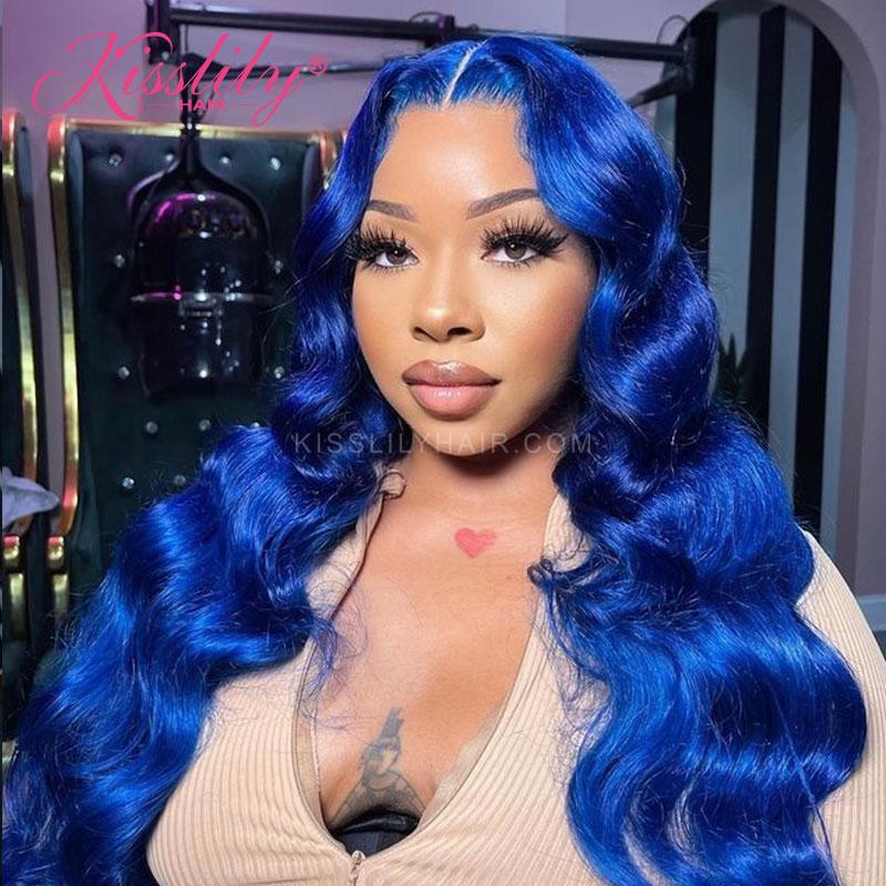 Kisslily Hair Colord Body Wave 13x4 Lace Frontal Blue Human Hair Pre Plucked Remy [CHC45]-Hair Accessories-Kisslilyhair