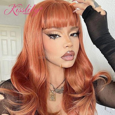 Kisslily Hair Colord Wavy 13x4 Lace Frontal Orange Human Hair With Bangs [CHC46]-Hair Accessories-Kisslilyhair