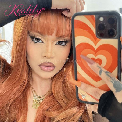 Kisslily Hair Colord Wavy 13x4 Lace Frontal Orange Human Hair With Bangs [CHC46]-Hair Accessories-Kisslilyhair