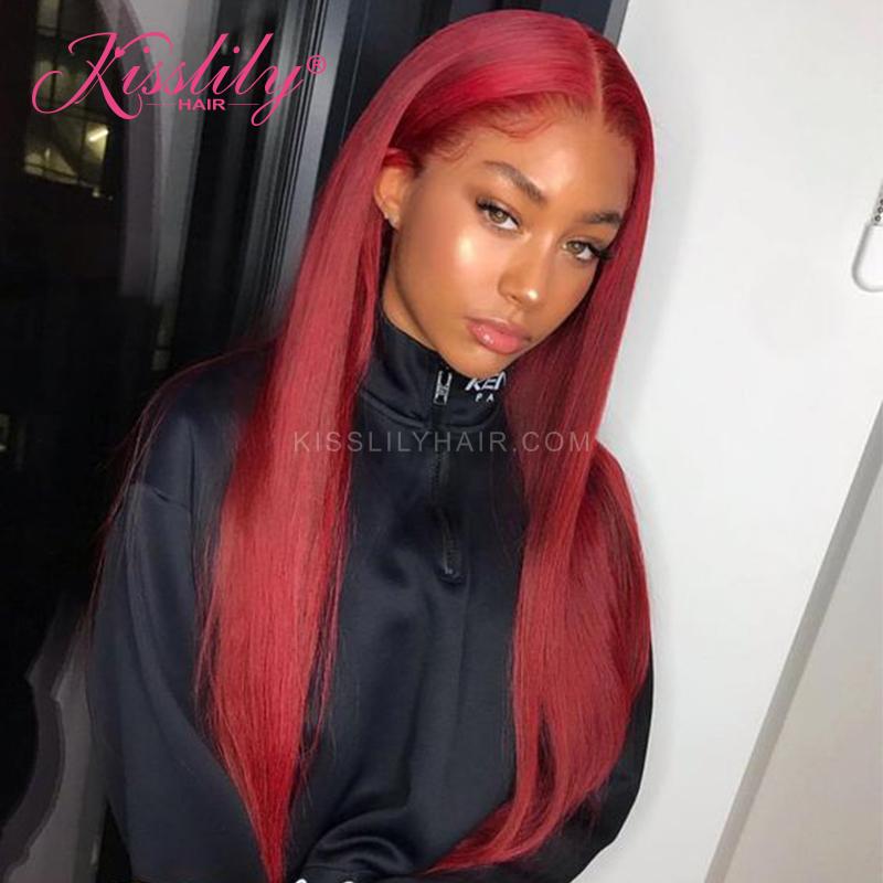 Kisslily Hair Colored Wigs Red Straight 13x4 Lace Front Human Hair Women Pre Plucked With Baby Hair [CHC18]-Hair Accessories-Kisslilyhair
