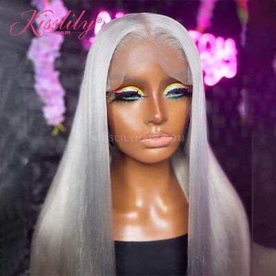 Kisslily Hair Gray Color Silky Straight 13x4 Lace Front Pre Plucked Human Hair Wig [CHC02]-Hair Accessories-Kisslilyhair