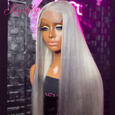 Kisslily Hair Gray Color Silky Straight 13x4 Lace Front Pre Plucked Human Hair Wig [CHC02]-Hair Accessories-Kisslilyhair
