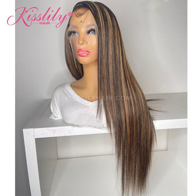 Kisslily Hair Highlight 13x4 Lace Front Wigs For Black Women Straight Brazilian Human Hair Wigs [CDC43]-Hair Accessories-Kisslilyhair