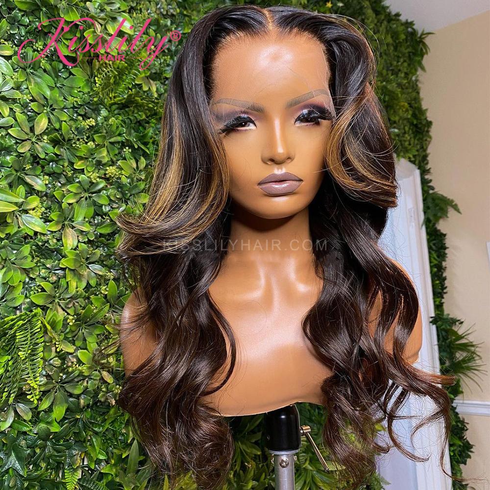 Kisslily Hair Highlight Body Wave Wig 13x4 Lace Front Human Hair Wigs Pre Plucked With Baby Hair 150% Density [CDC49]-Hair Accessories-Kisslilyhair