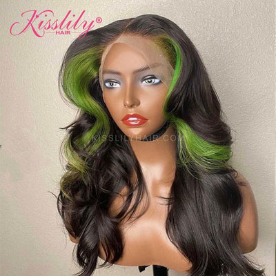 Kisslily Hair Highlight Green Color Body Wave 13x4 Lace Front Wig For Women [CHC47]-Hair Accessories-Kisslilyhair