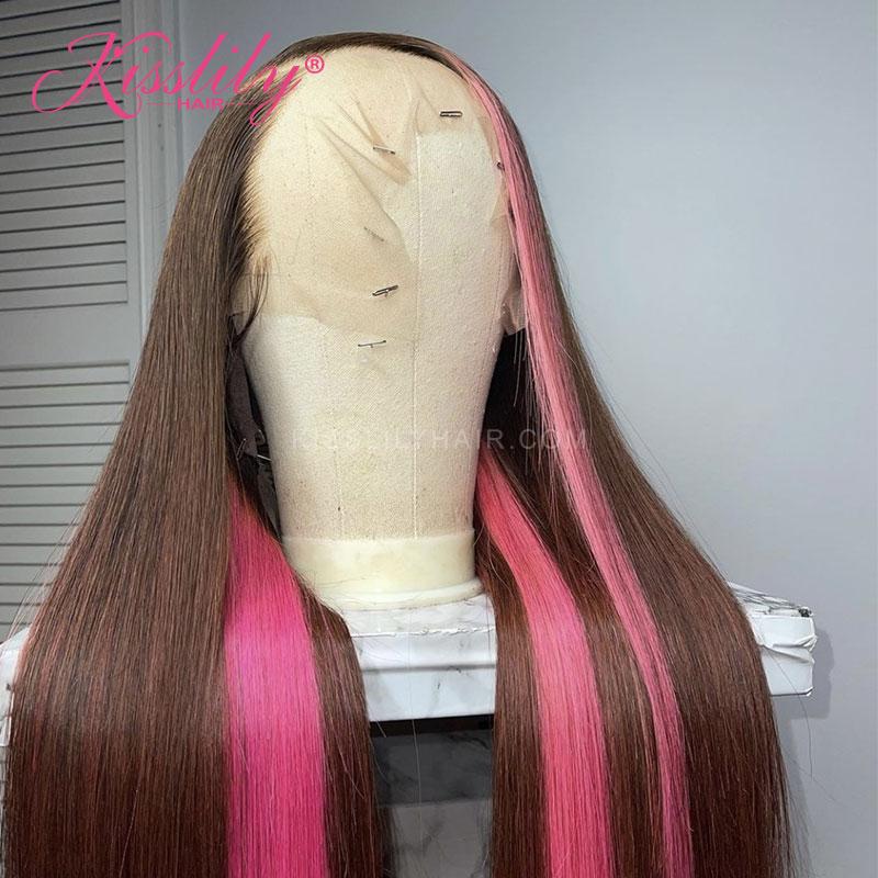 Kisslily Hair Highlight Pink & Brown Straight 13x4 Lace Front Wig [CDC14]-Hair Accessories-Kisslilyhair