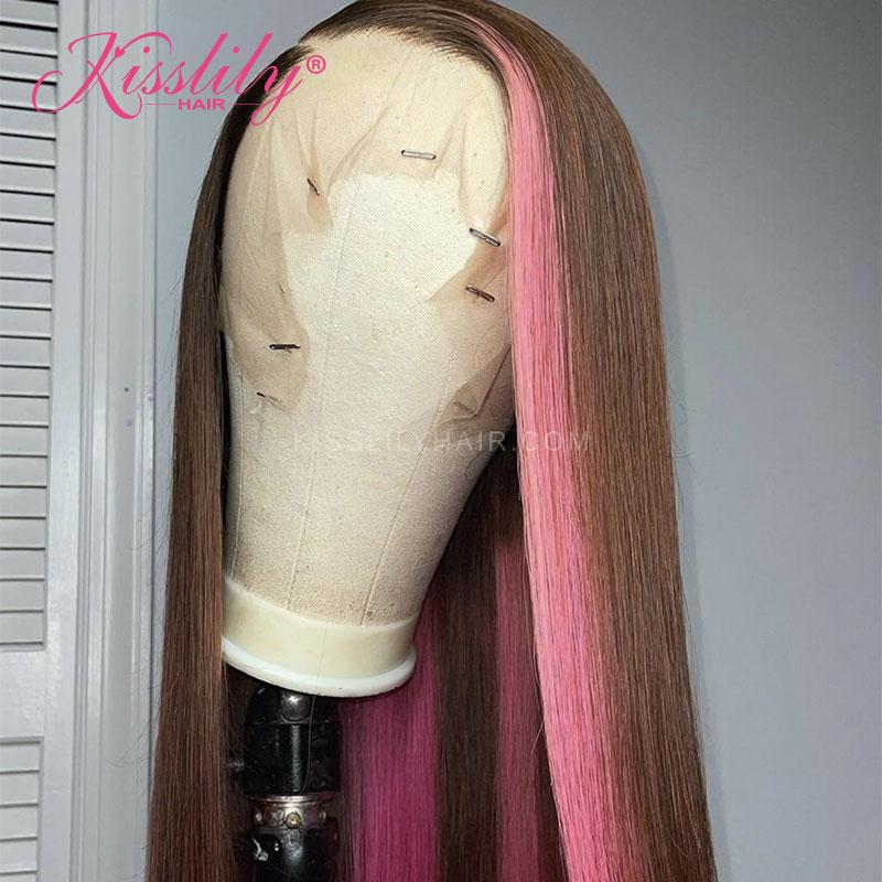Kisslily Hair Highlight Pink & Brown Straight 13x4 Lace Front Wig [CDC14]-Hair Accessories-Kisslilyhair