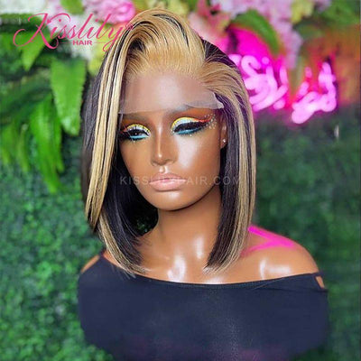Kisslily Hair Highlight Slash Cut Bob 13x4 Lace Frontal Human Hair Pre Plucked [CHC69]-Hair Accessories-Kisslilyhair