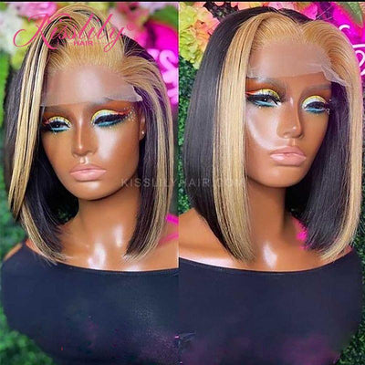 Kisslily Hair Highlight Slash Cut Bob 13x4 Lace Frontal Human Hair Pre Plucked [CHC69]-Hair Accessories-Kisslilyhair