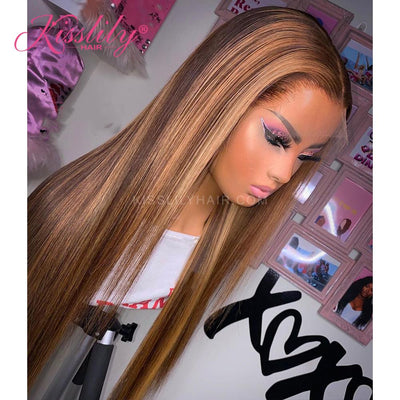 Kisslily Hair Highlight Wig Human Hair 13x4 Lace Front Wigs Honey Blonde Colored Human Hair Wig Straight [CDC42]-Hair Accessories-Kisslilyhair