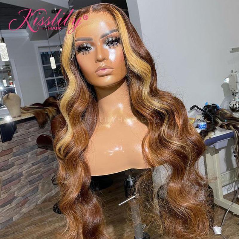 Kisslily Hair Honey Blonde 13x4 Lace Front Wigs Highlight Lace Front Wig Pre Plucked Bleached Knots [CHC12]-Hair Accessories-Kisslilyhair