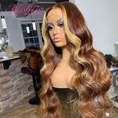Kisslily Hair Honey Blonde 13x4 Lace Front Wigs Highlight Lace Front Wig Pre Plucked Bleached Knots [CHC12]-Hair Accessories-Kisslilyhair