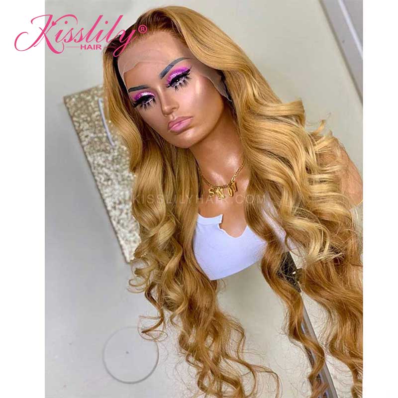 Kisslily Hair Honey Blonde 13x4 Lace Front Wigs Ombre Lace Front Wig Pre Plucked Bleached Knots [CHC14]-Hair Accessories-Kisslilyhair