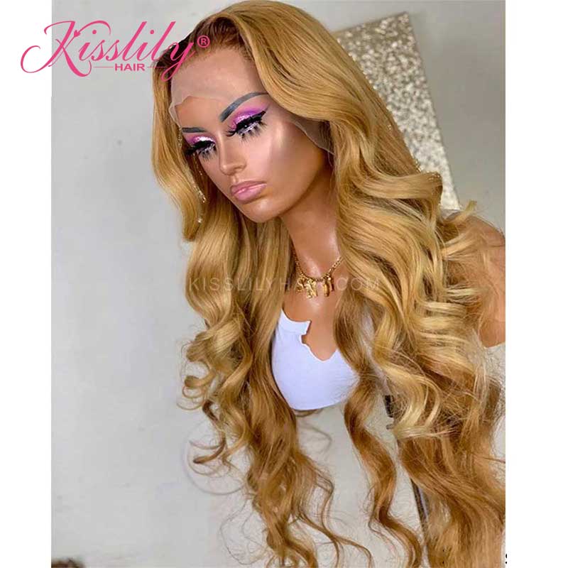 Kisslily Hair Honey Blonde 13x4 Lace Front Wigs Ombre Lace Front Wig Pre Plucked Bleached Knots [CHC14]-Hair Accessories-Kisslilyhair