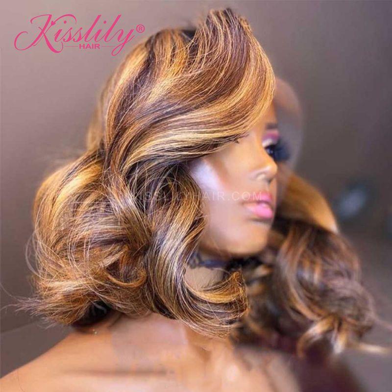 Kisslily Hair Honey Blonde Body Wave Bob 13x4 Lace Frontal Highlight Human Hair [CDC58]-Hair Accessories-Kisslilyhair