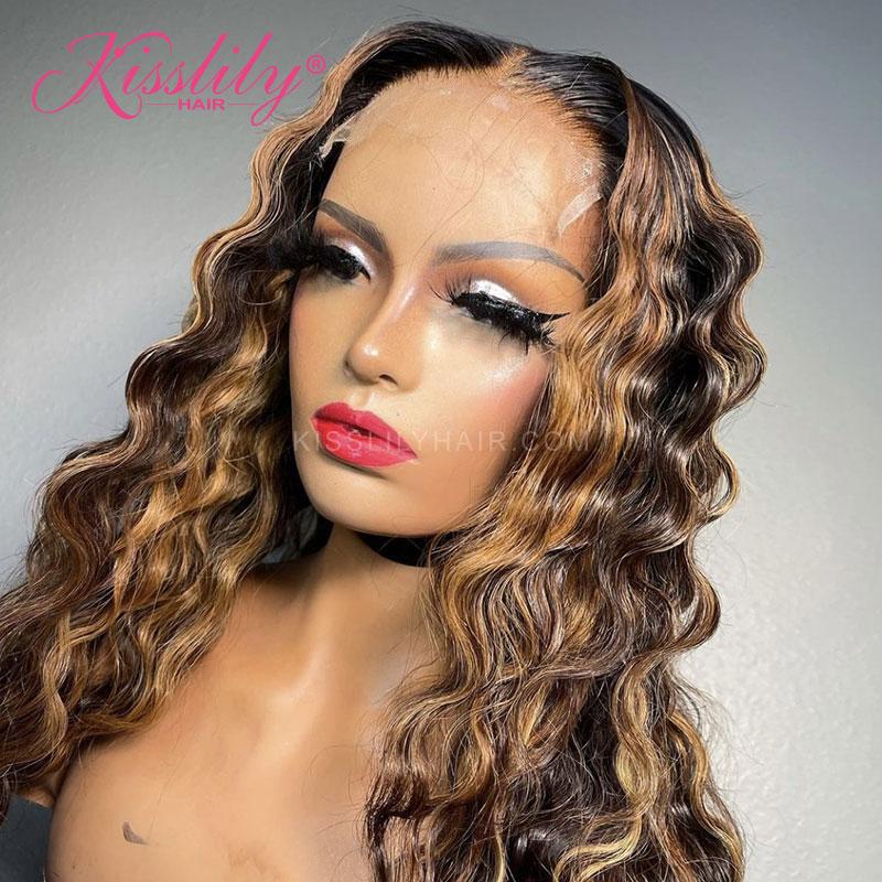 Kisslily Hair Honey Blonde Water Wave 13x4 Lace Front Wigs Highlight Pre Plucked For Black Women [CDC21]-Hair Accessories-Kisslilyhair