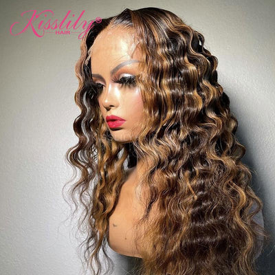 Kisslily Hair Honey Blonde Water Wave 13x4 Lace Front Wigs Highlight Pre Plucked For Black Women [CDC21]-Hair Accessories-Kisslilyhair