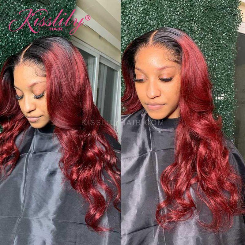 Kisslily Hair Ombre 1B Red Body Wave 13x4 Lace Frontal Human Hair Pre Plucked [CHC64]-Hair Accessories-Kisslilyhair