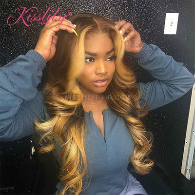 Kisslily Hair Ombre Body Wave 13x4 Lace Front Wig Pre Plucked Bleached Knots Human Hair For Black Women [CHC06]-Hair Accessories-Kisslilyhair