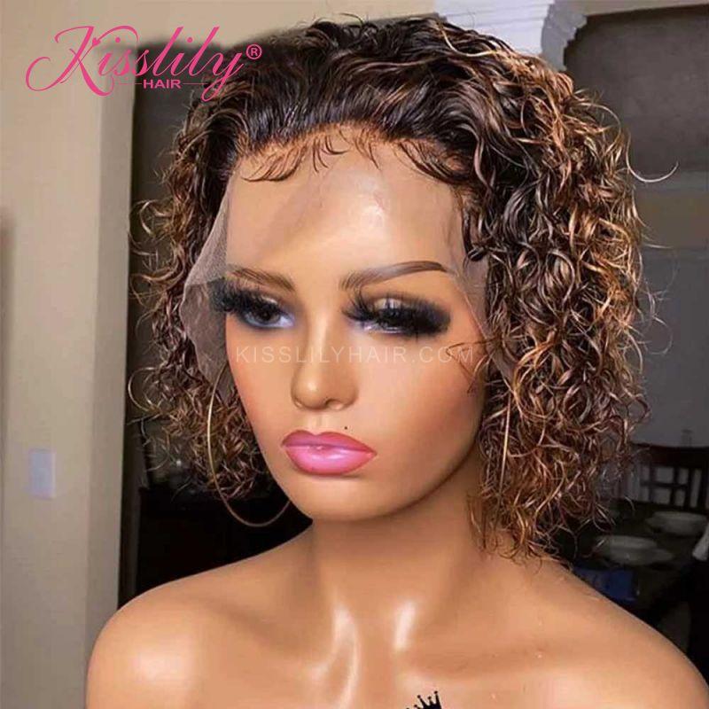 Kisslily Hair Ombre Honey Blonde Curly 13x4 Lace Front Bob Wig Pre Plucked [CHC62]-Hair Accessories-Kisslilyhair