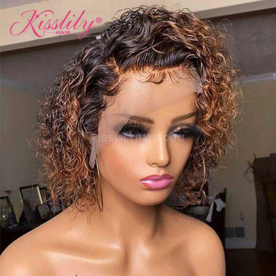 Kisslily Hair Ombre Honey Blonde Curly 13x4 Lace Front Bob Wig Pre Plucked [CHC62]-Hair Accessories-Kisslilyhair