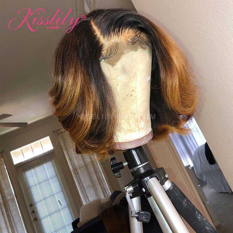 Kisslily Hair Ombre Wavy Bob 13x4 Lace Frontal Human Hair Pre Plucked [CDC64]-Hair Accessories-Kisslilyhair