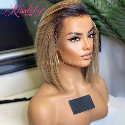Kisslily Hair Pixie Bob Honey Blonde Ombre Straight 13x4 Lace Frontal Human Hair Wig Pre Plucked [CHC26]-Hair Accessories-Kisslilyhair