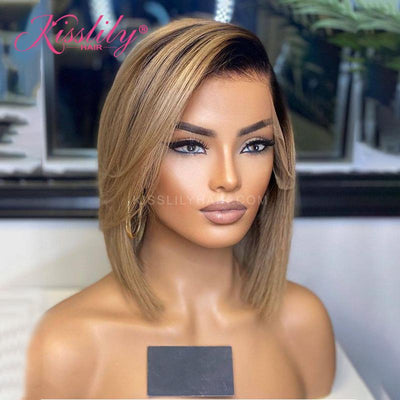 Kisslily Hair Pixie Bob Honey Blonde Ombre Straight 13x4 Lace Frontal Human Hair Wig Pre Plucked [CHC26]-Hair Accessories-Kisslilyhair
