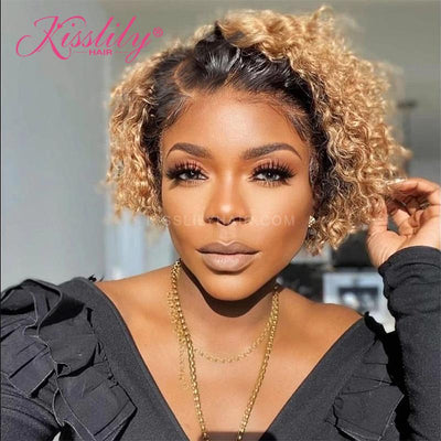 Kisslily Hair Pixie Cut Curly Bob Wig Ombre Lace Front Human Hair Wig 150% Density [CHC30]-Hair Accessories-Kisslilyhair