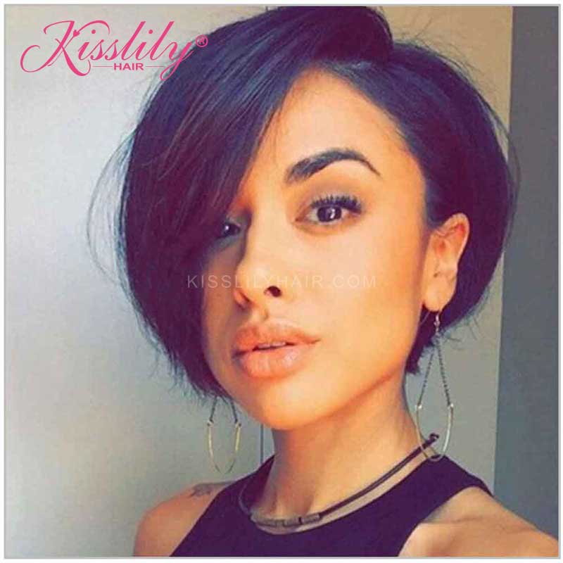 Kisslily Hair Short Bob 13x4 Lace Frontal Wig Natural Black Human Hair 150% Density For Women [BOB10]